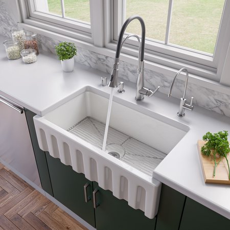 ALFI BRAND White 33" x 18" Reversible Fluted / Smooth Sgl Bowl Fireclay Farm Sink AB3318HS-W